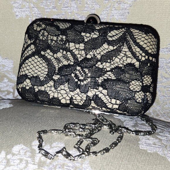 Handbags - Evening Bag with Chain Strap - Black Lace over Cream Satin Hard Shell - NWOT